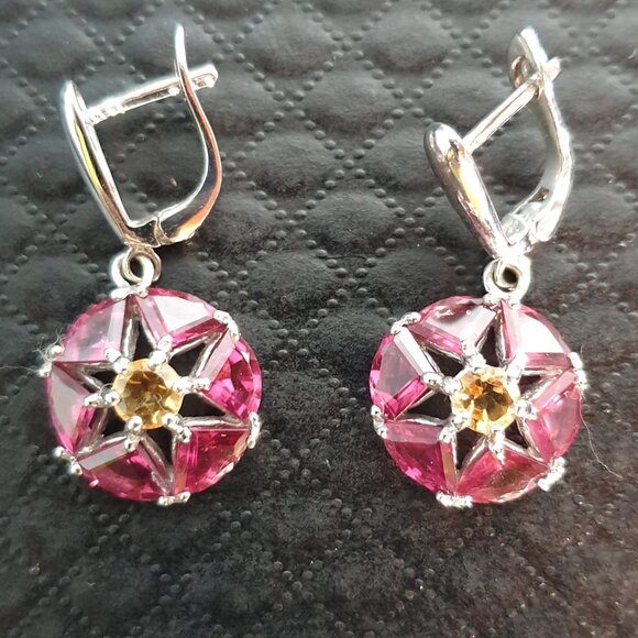 Vintage Genuine Natural Red Spinel & Citrine 925 Sterling Silver Dangle Earrings - Picture 3 of 13